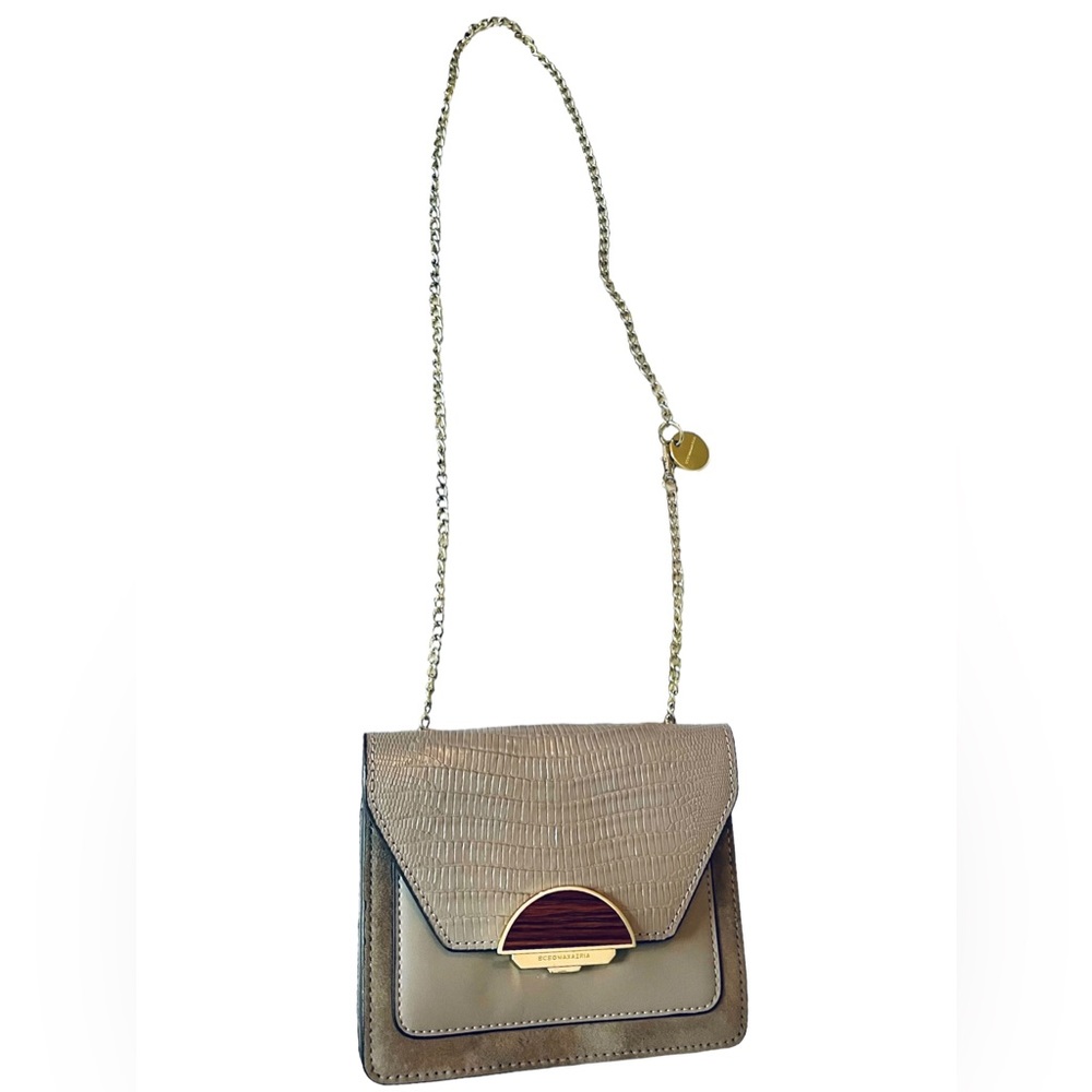 BCBGMaxAzaria Leather Suede  Purse Bag Gold Chain Strap Tan Gray FAST SHIPPING